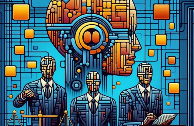 Trois avocats à côté une balance judiciaire avec tête mécanique en fond style circuit électronique